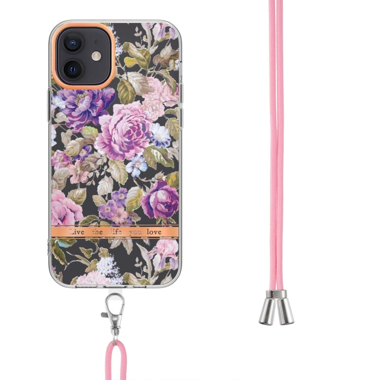 For iPhone 12 Flowers Series TPU Phone Case with Lanyard