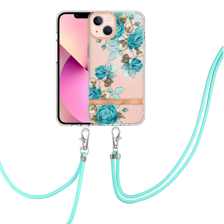 For iPhone 13 mini Flowers Series TPU Phone Case with Lanyard