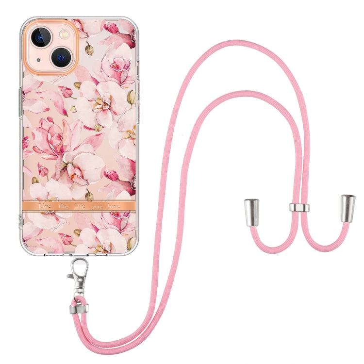 For iPhone 13 mini Flowers Series TPU Phone Case with Lanyard