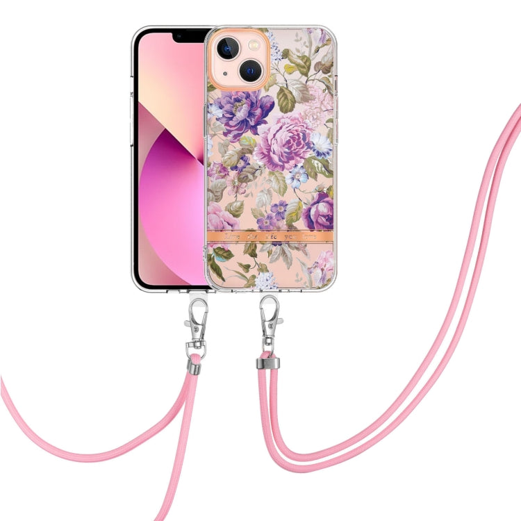 For iPhone 13 mini Flowers Series TPU Phone Case with Lanyard