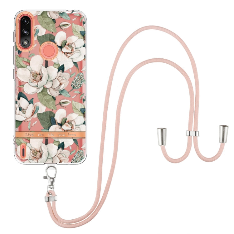 For Motorola Moto E7 Power / Moto E7i Power Flowers Series TPU Phone Case with Lanyard