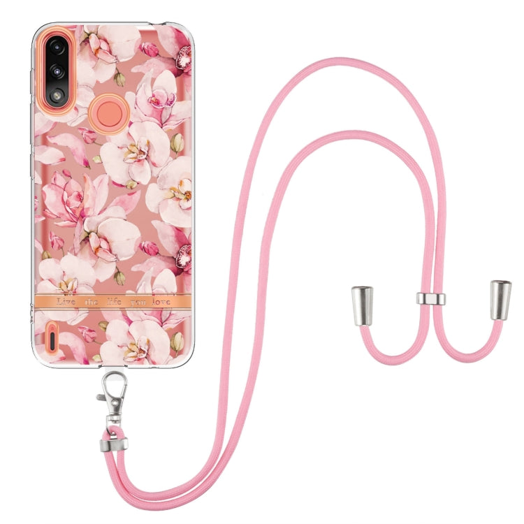 For Motorola Moto E7 Power / Moto E7i Power Flowers Series TPU Phone Case with Lanyard