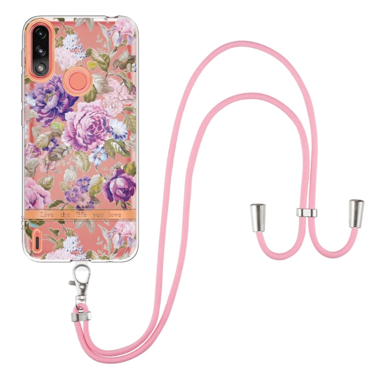 For Motorola Moto E7 Power / Moto E7i Power Flowers Series TPU Phone Case with Lanyard