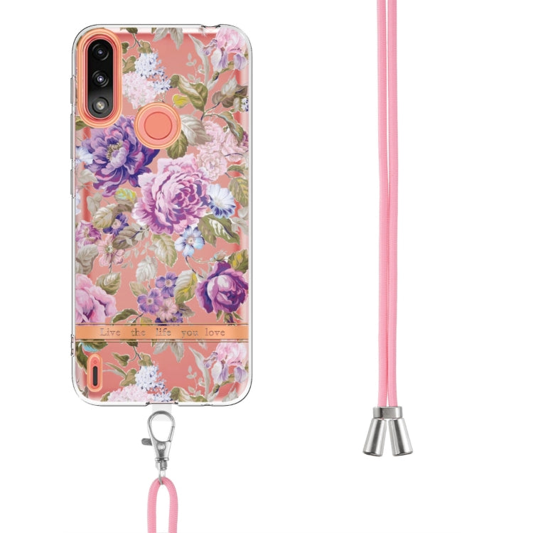 For Motorola Moto E7 Power / Moto E7i Power Flowers Series TPU Phone Case with Lanyard