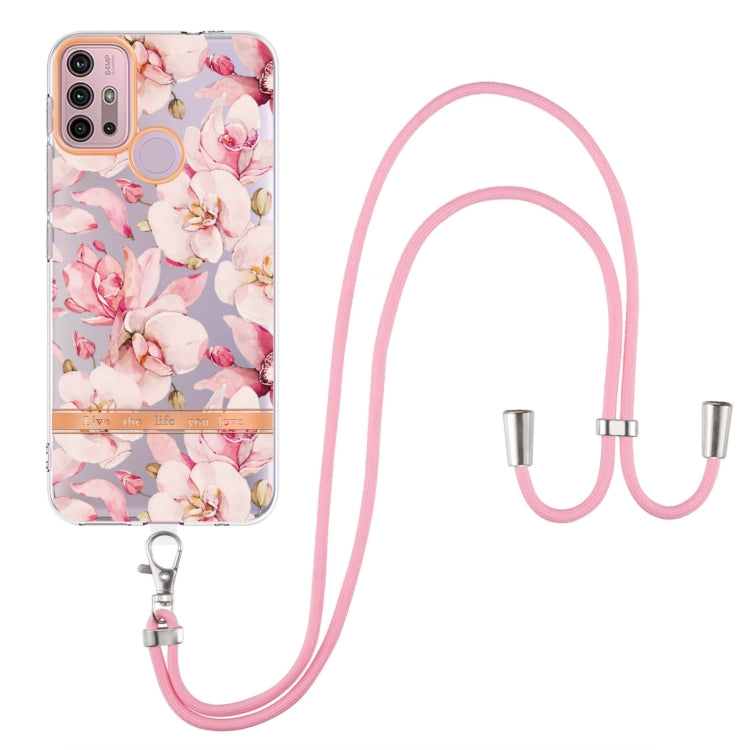For Motorola Moto G30 / G20 / G10 / G10 Power Flowers Series TPU Phone Case with Lanyard