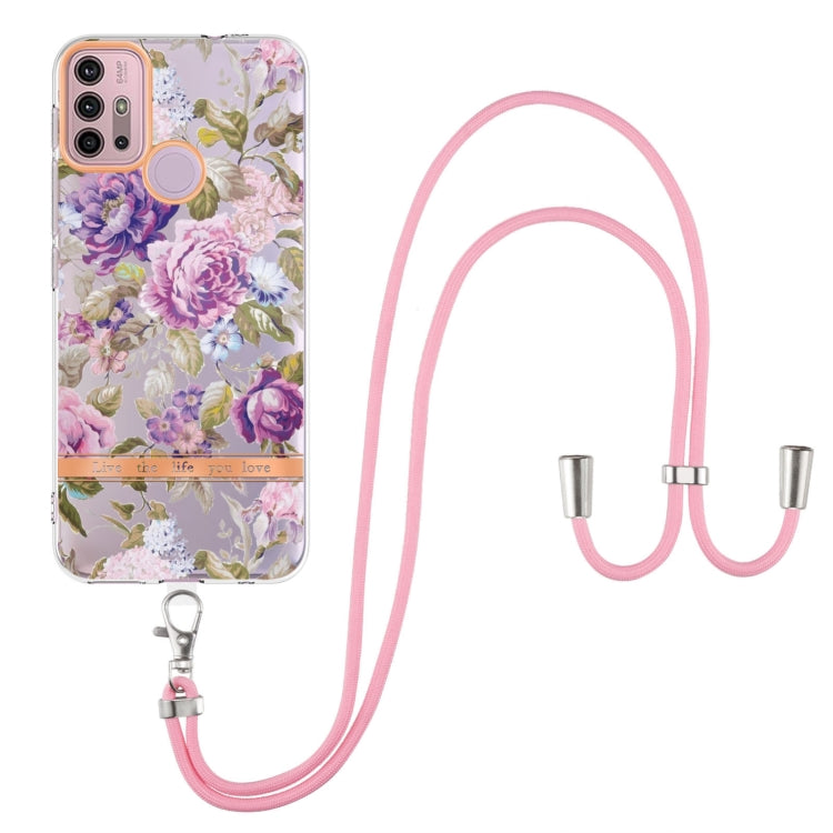 For Motorola Moto G30 / G20 / G10 / G10 Power Flowers Series TPU Phone Case with Lanyard
