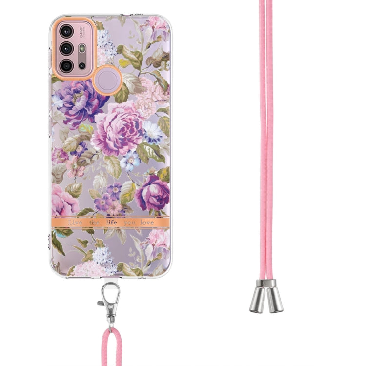 For Motorola Moto G30 / G20 / G10 / G10 Power Flowers Series TPU Phone Case with Lanyard
