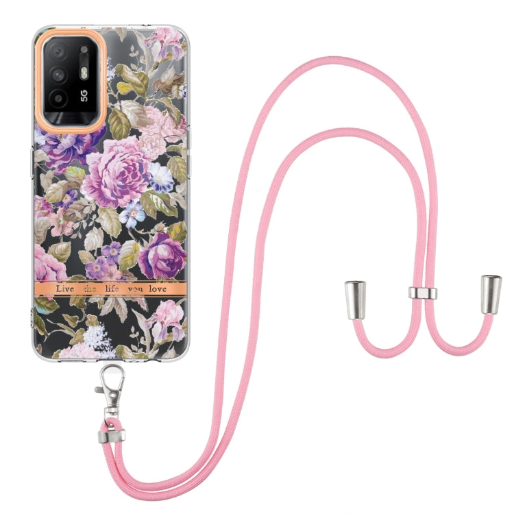 For OPPO A94 5G Flowers Series TPU Phone Case with Lanyard