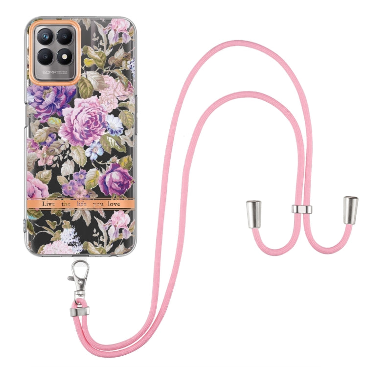 For OPPO Realme 8i Flowers Series TPU Phone Case with Lanyard