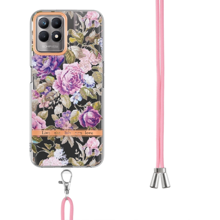 For OPPO Realme 8i Flowers Series TPU Phone Case with Lanyard