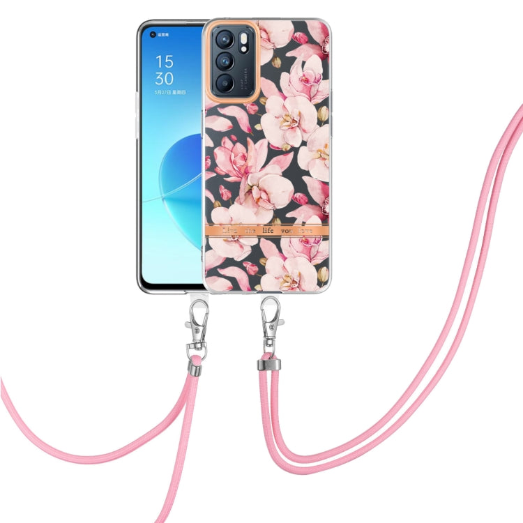 For OPPO Reno6 5G Flowers Series TPU Phone Case with Lanyard