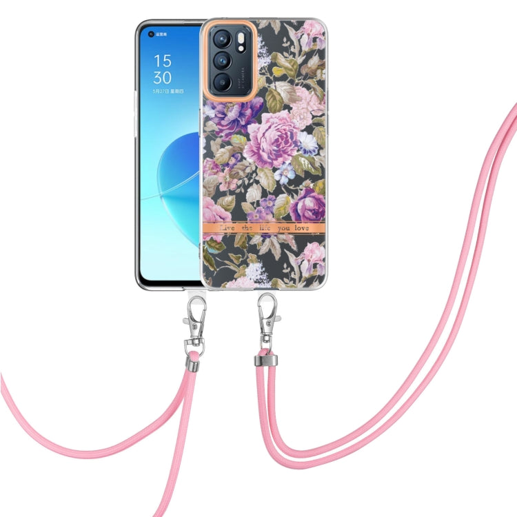 For OPPO Reno6 5G Flowers Series TPU Phone Case with Lanyard