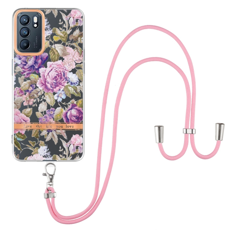 For OPPO Reno6 5G Flowers Series TPU Phone Case with Lanyard