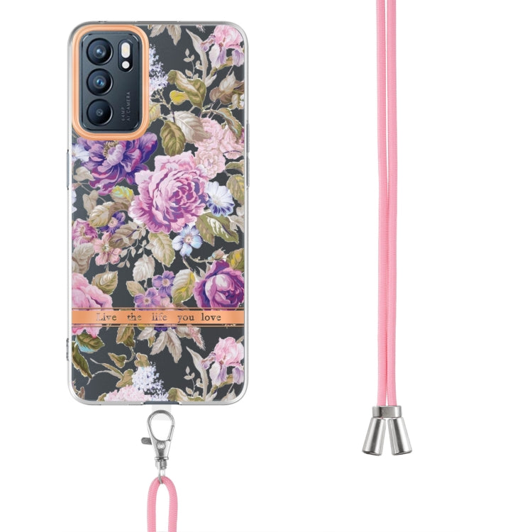 For OPPO Reno6 5G Flowers Series TPU Phone Case with Lanyard