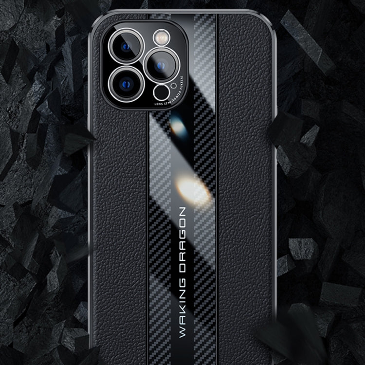 For iPhone 12 Pro Max Racing Car Design Leather Electroplating Process Anti-fingerprint Protective Phone Case(Blue)