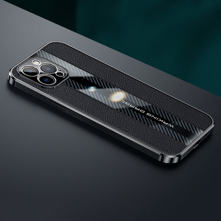 For iPhone 12 Pro Max Racing Car Design Leather Electroplating Process Anti-fingerprint Protective Phone Case(Blue)