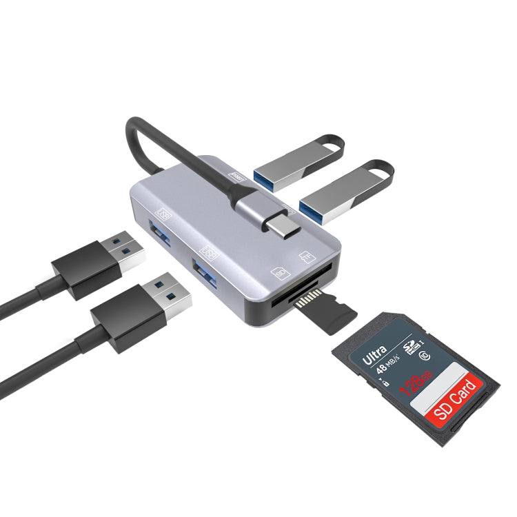 NK-3049H 6 in 1 USB-C / Type-C to TF / SD Card Slot + USB 3.0 + 3 USB 2.0 Female Adapter(Space Grey)