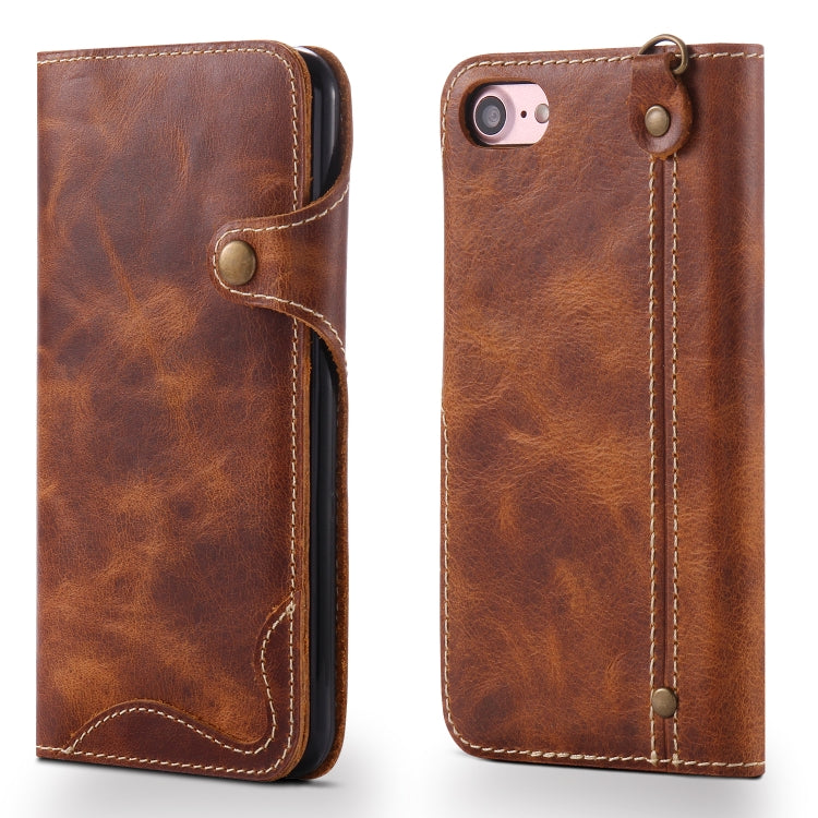 For iPhone 7 / 8 Denior Oil Wax Cowhide Magnetic Button Horizontal Flip Leather Case with Card Slots & Wallet