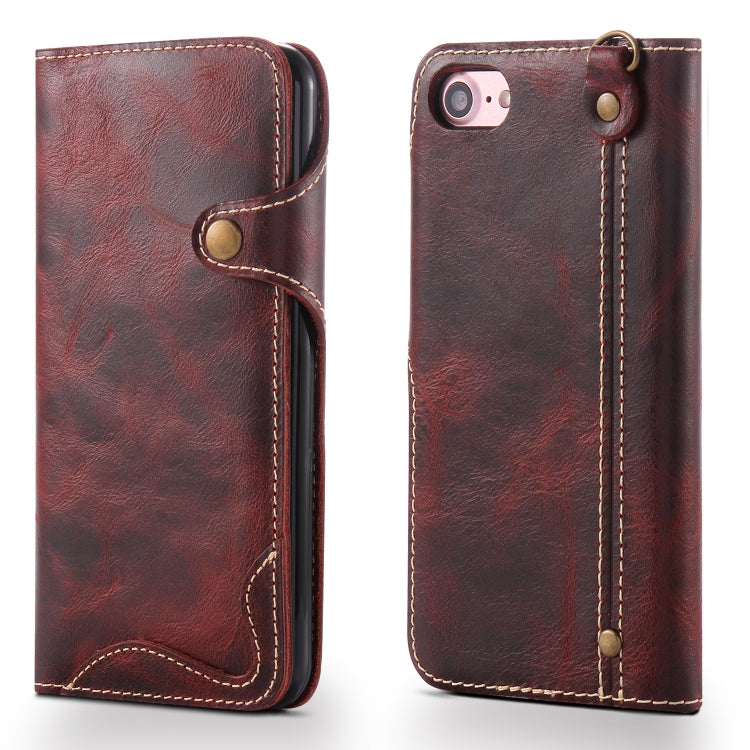 For iPhone 7 / 8 Denior Oil Wax Cowhide Magnetic Button Horizontal Flip Leather Case with Card Slots & Wallet