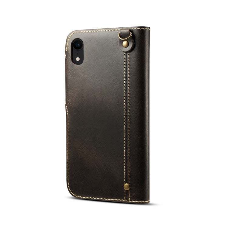 For iPhone XR Denior Oil Wax Cowhide Magnetic Button Horizontal Flip Leather Case with Card Slots & Wallet