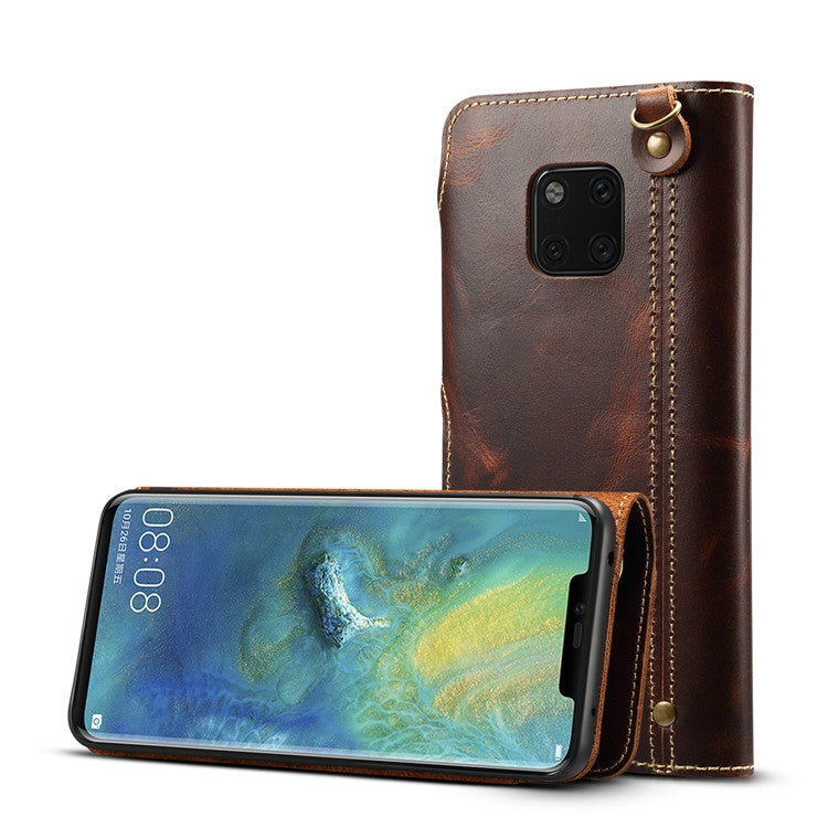 For Huawei Mate 20 Pro Denior Oil Wax Cowhide Magnetic Button Horizontal Flip Leather Case with Card Slots & Wallet