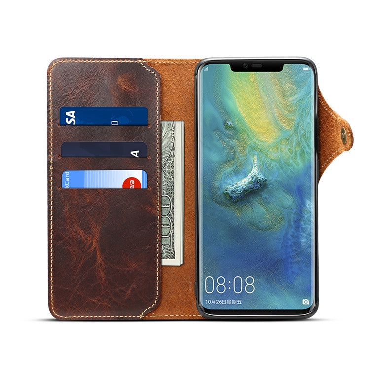 For Huawei Mate 20 Pro Denior Oil Wax Cowhide Magnetic Button Horizontal Flip Leather Case with Card Slots & Wallet