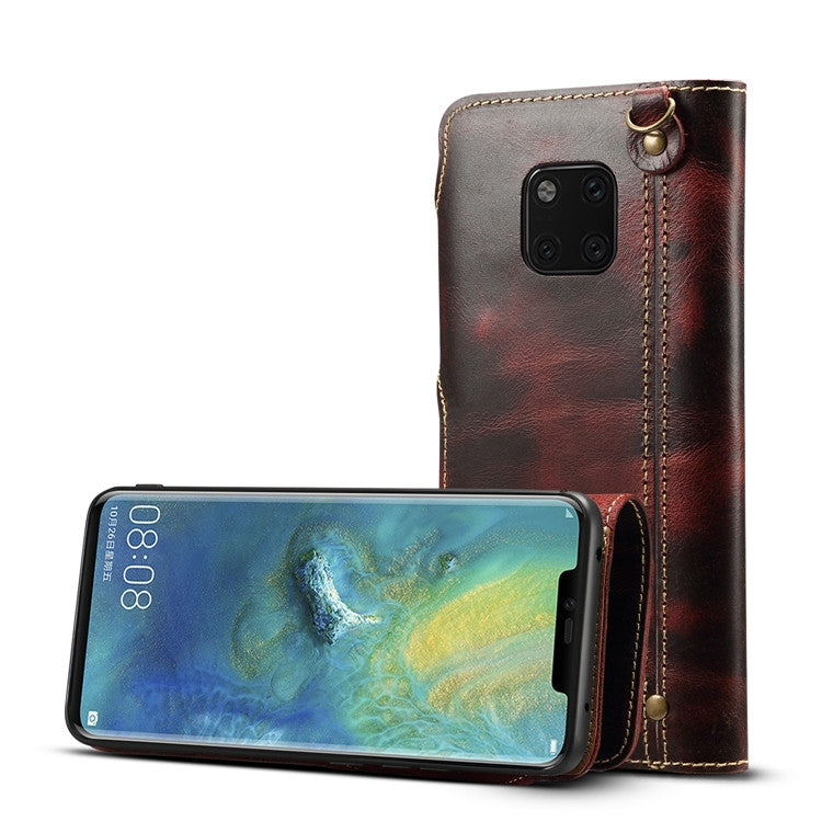 For Huawei Mate 20 Pro Denior Oil Wax Cowhide Magnetic Button Horizontal Flip Leather Case with Card Slots & Wallet