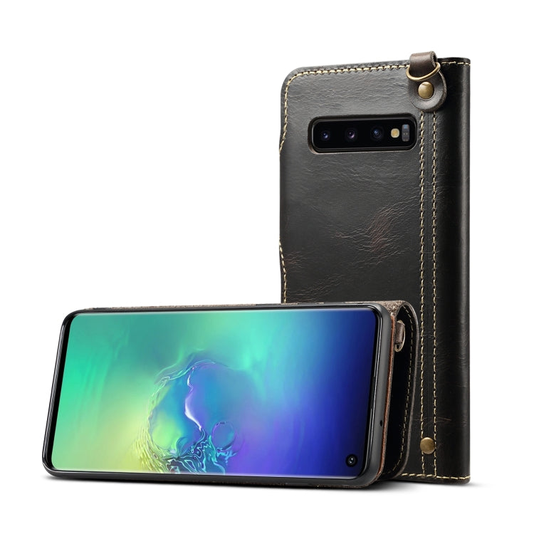 For Galaxy S10 Denior Oil Wax Cowhide Magnetic Button Horizontal Flip Leather Case with Card Slots & Wallet