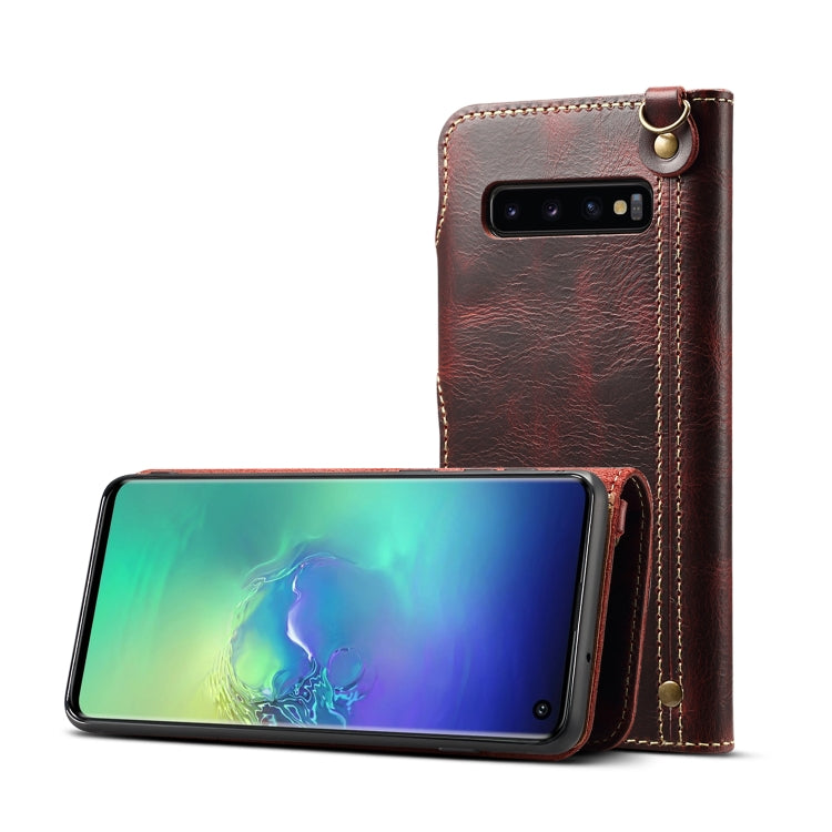 For Galaxy S10 Denior Oil Wax Cowhide Magnetic Button Horizontal Flip Leather Case with Card Slots & Wallet