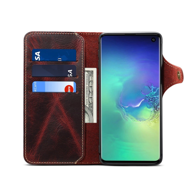 For Galaxy S10 Denior Oil Wax Cowhide Magnetic Button Horizontal Flip Leather Case with Card Slots & Wallet