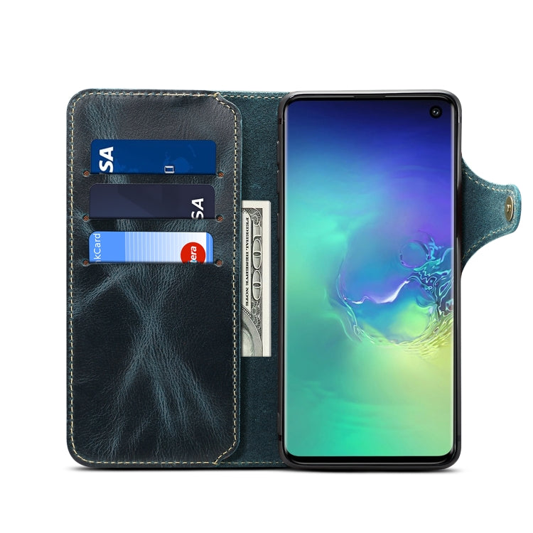 For Galaxy S10e Denior Oil Wax Cowhide Magnetic Button Horizontal Flip Leather Case with Card Slots & Wallet