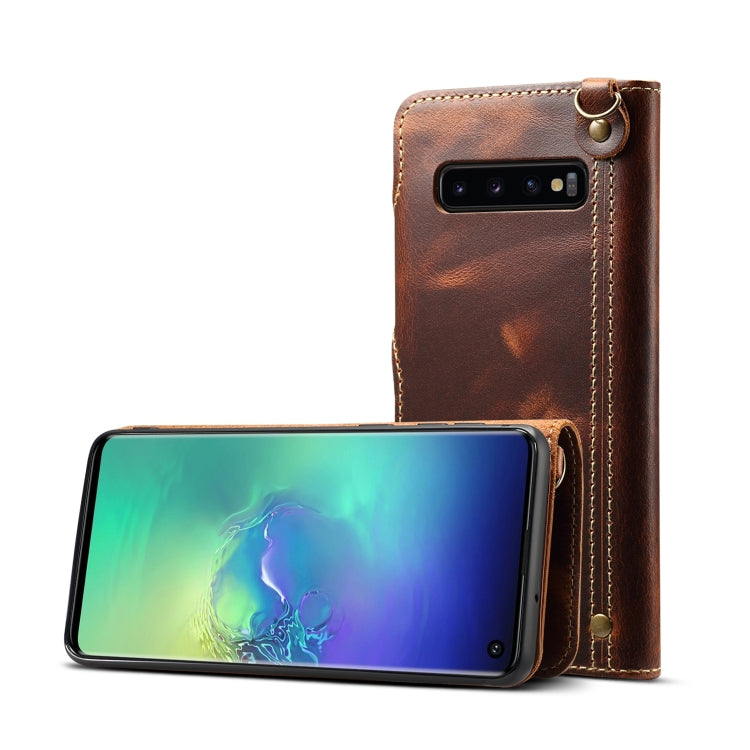For Galaxy S10e Denior Oil Wax Cowhide Magnetic Button Horizontal Flip Leather Case with Card Slots & Wallet