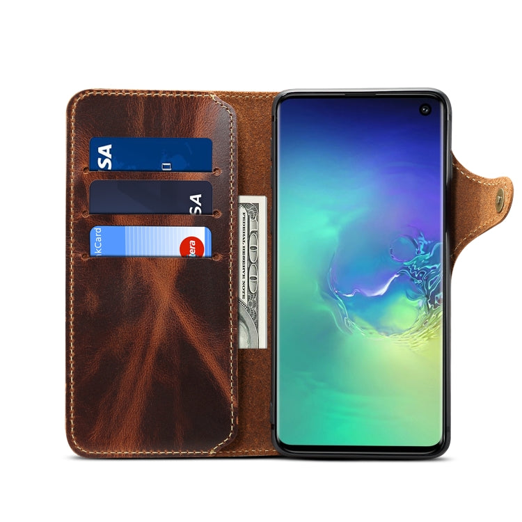 For Galaxy S10e Denior Oil Wax Cowhide Magnetic Button Horizontal Flip Leather Case with Card Slots & Wallet