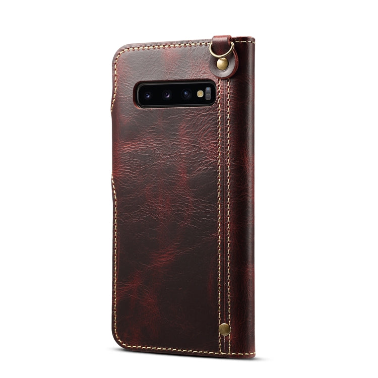 For Galaxy S10e Denior Oil Wax Cowhide Magnetic Button Horizontal Flip Leather Case with Card Slots & Wallet