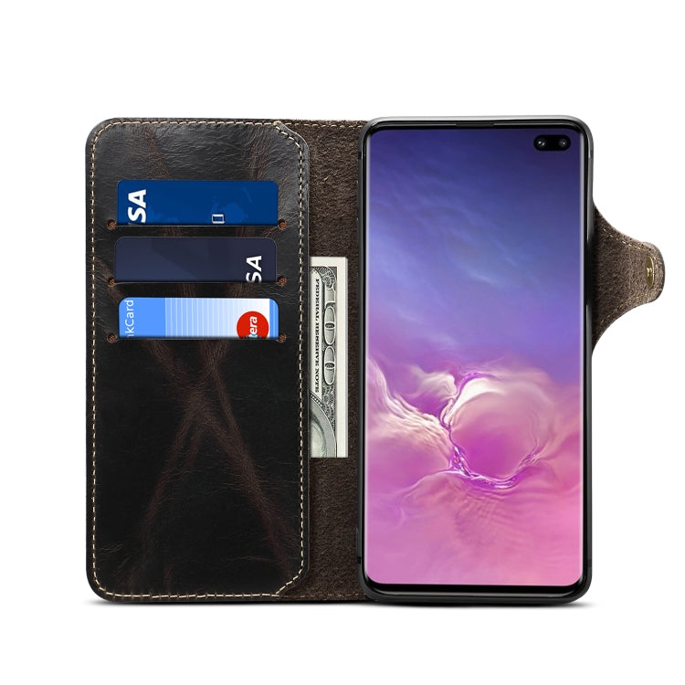 For Galaxy S10 Plus Denior Oil Wax Cowhide Magnetic Button Horizontal Flip Leather Case with Card Slots & Wallet