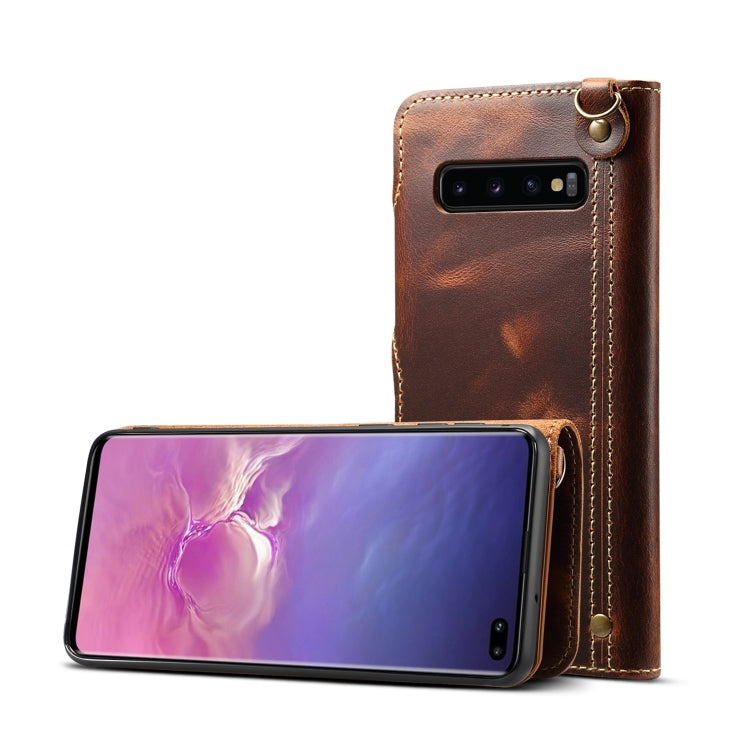 For Galaxy S10 Plus Denior Oil Wax Cowhide Magnetic Button Horizontal Flip Leather Case with Card Slots & Wallet