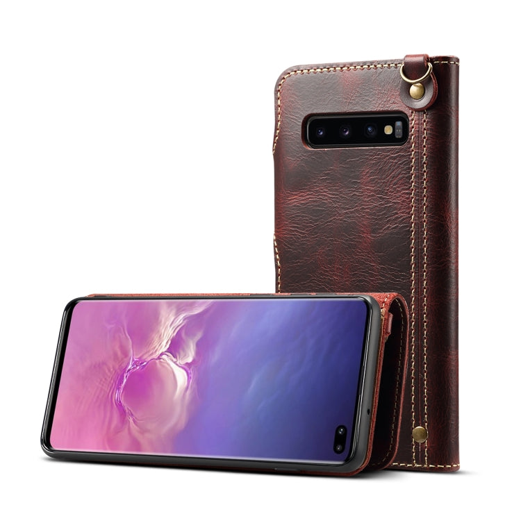 For Galaxy S10 Plus Denior Oil Wax Cowhide Magnetic Button Horizontal Flip Leather Case with Card Slots & Wallet