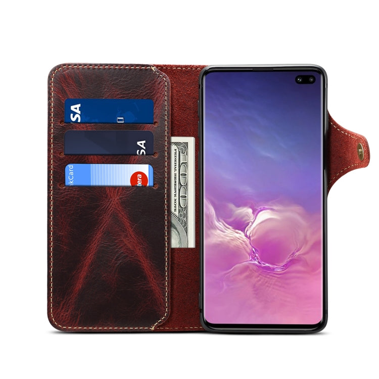 For Galaxy S10 Plus Denior Oil Wax Cowhide Magnetic Button Horizontal Flip Leather Case with Card Slots & Wallet