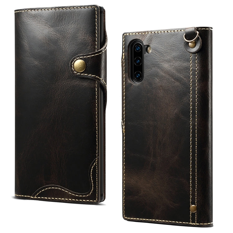 For Galaxy Note 10 Denior Oil Wax Cowhide Magnetic Button Horizontal Flip Leather Case with Card Slots & Wallet