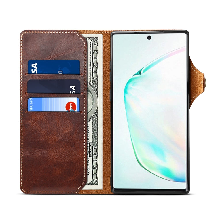 For Galaxy Note 10 Denior Oil Wax Cowhide Magnetic Button Horizontal Flip Leather Case with Card Slots & Wallet