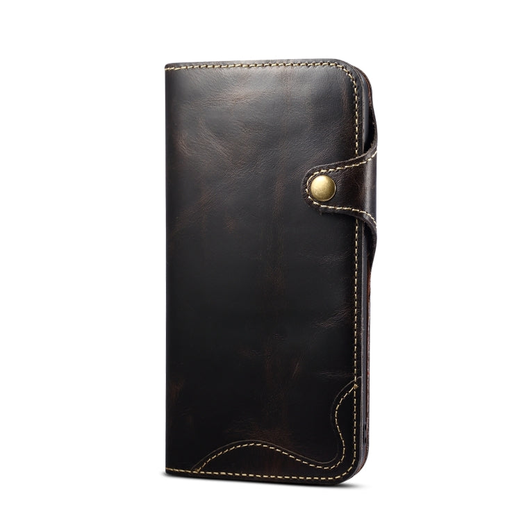 For iPhone 11 Pro Max Denior Oil Wax Cowhide Magnetic Button Horizontal Flip Leather Case with Card Slots & Wallet