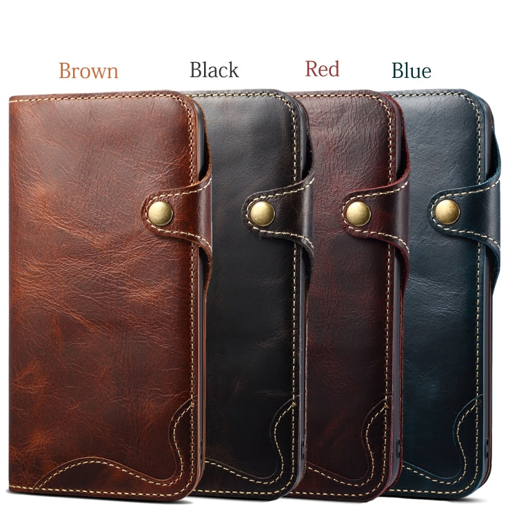 For iPhone 11 Pro Max Denior Oil Wax Cowhide Magnetic Button Horizontal Flip Leather Case with Card Slots & Wallet