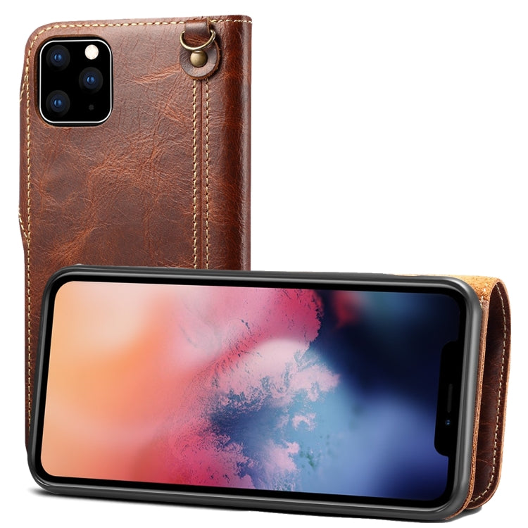 For iPhone 11 Pro Max Denior Oil Wax Cowhide Magnetic Button Horizontal Flip Leather Case with Card Slots & Wallet