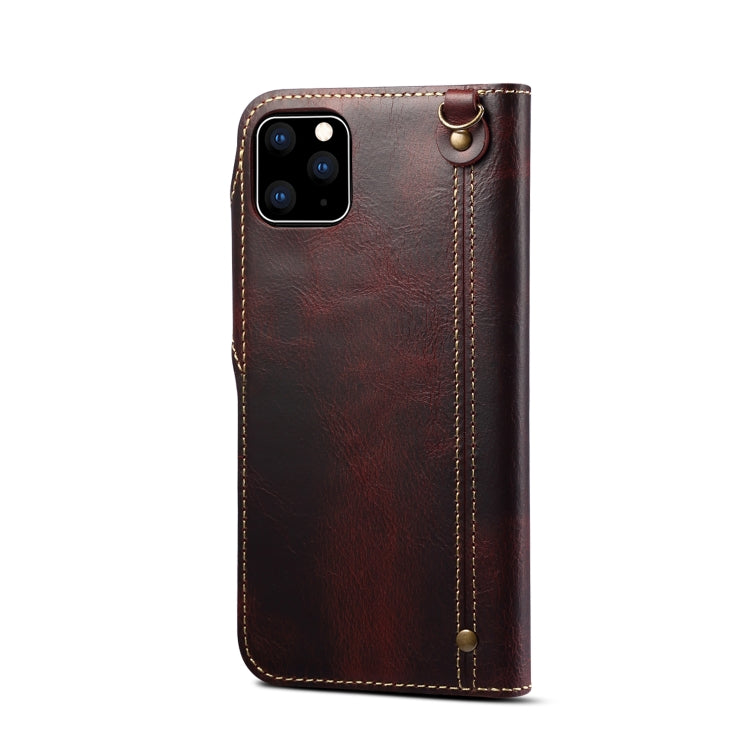 For iPhone 11 Pro Max Denior Oil Wax Cowhide Magnetic Button Horizontal Flip Leather Case with Card Slots & Wallet
