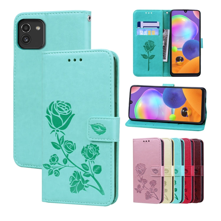 For Samsung Galaxy A03 164mm Rose Embossed Leather Phone Case