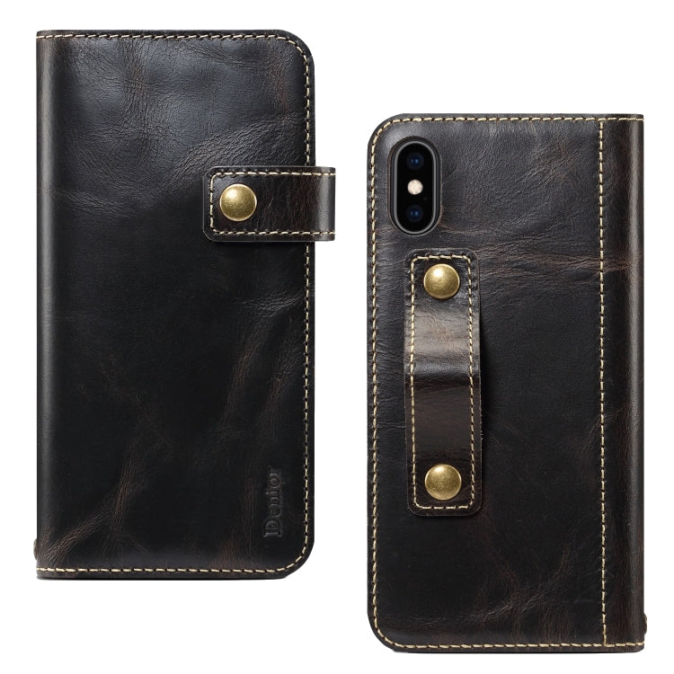 For iPhone X / XS Denior Oil Wax Cowhide DK Magnetic Button Horizontal Flip Leather Case with Holder & Card Slots & Wallet