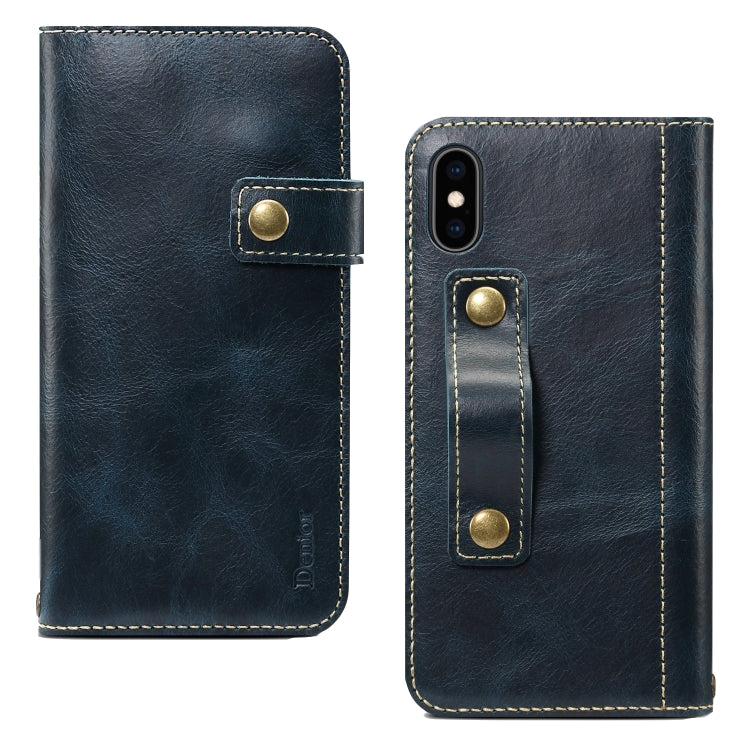 For iPhone XS Max Denior Oil Wax Cowhide DK Magnetic Button Horizontal Flip Leather Case with Holder & Card Slots & Wallet
