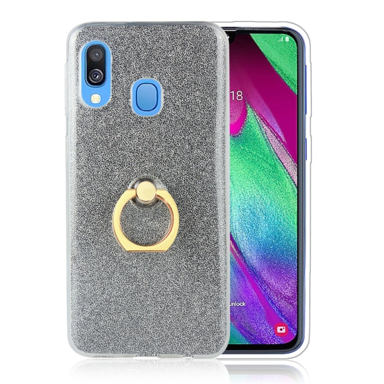 For Galaxy A40 Glittery Powder Shockproof TPU Protective Case, with 360 Degree Rotation Ring Holder