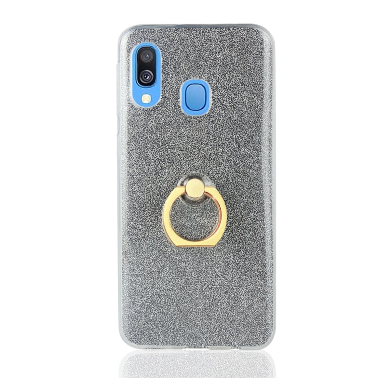 For Galaxy A40 Glittery Powder Shockproof TPU Protective Case, with 360 Degree Rotation Ring Holder