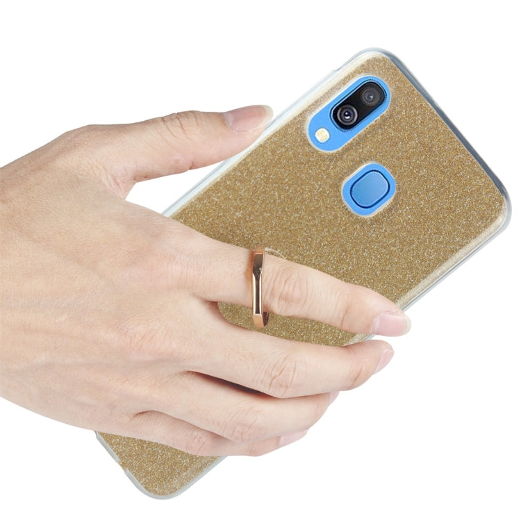 For Galaxy A40 Glittery Powder Shockproof TPU Protective Case, with 360 Degree Rotation Ring Holder